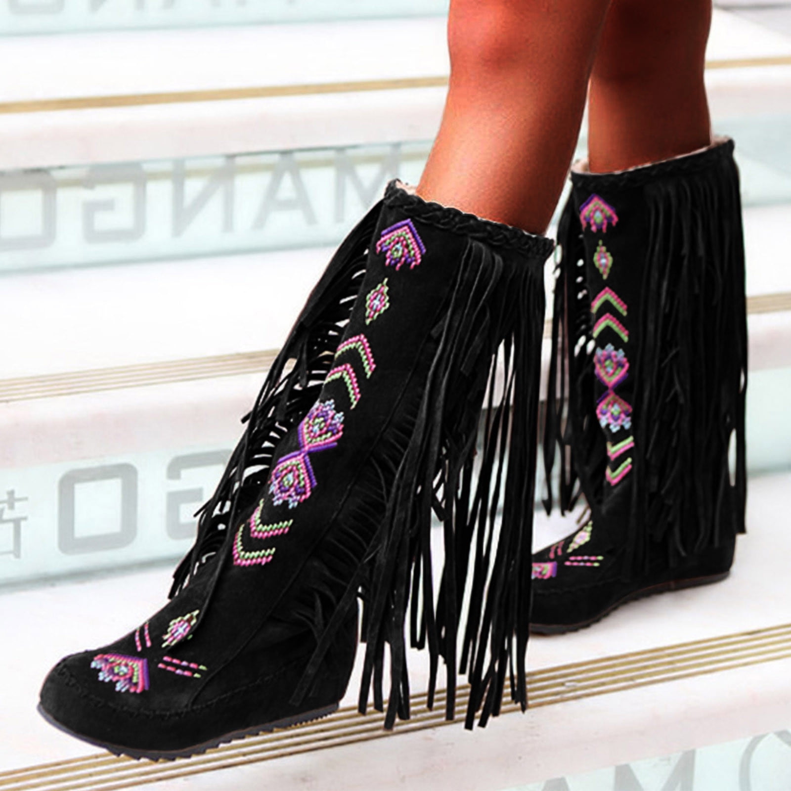 Wefuesd Woman Style Women Heels Fringe Flock Chinese Boots Boots