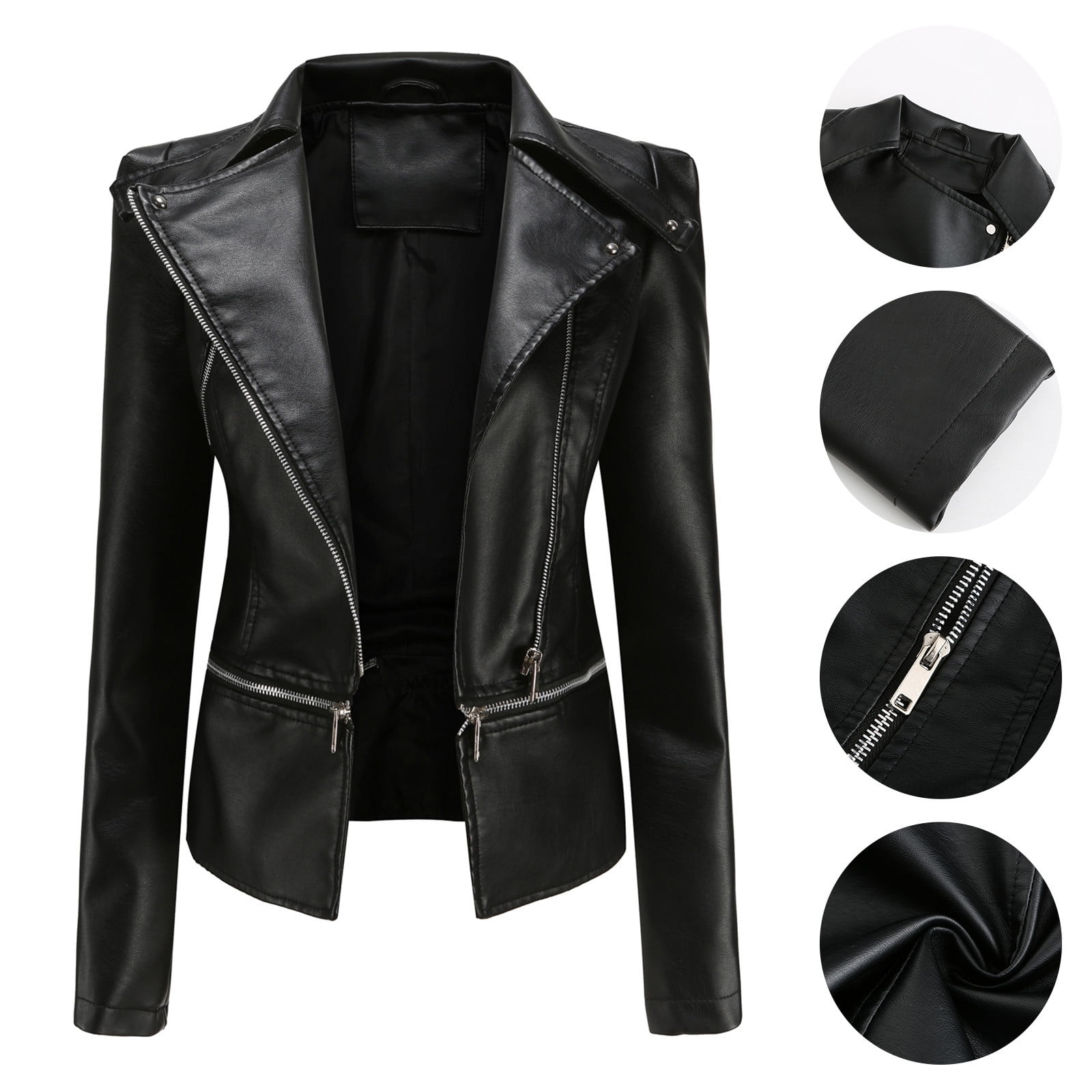 Wefuesd Women Cool Faux Leather Jacket Long Sleeve Zipper Fitted Coat ...