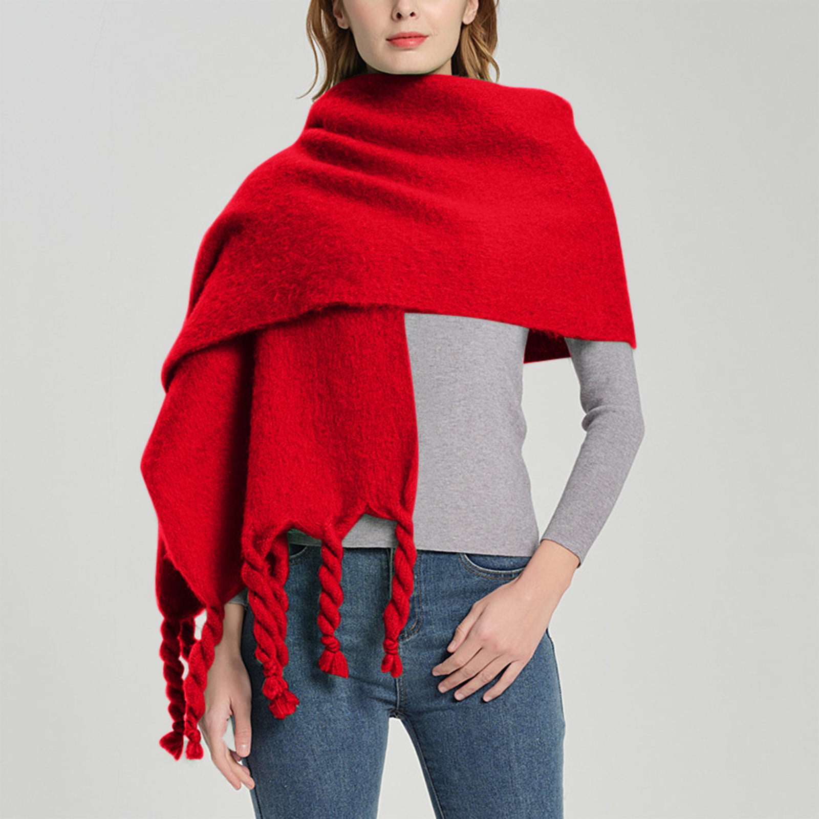Wefuesd Women Fall Winter Scarf Classic Tassel Plaid Scarf Warm Soft Chunky  Large Blanket Wrap Shawl Scarves, scarf for women, womens fashion, Red 1 