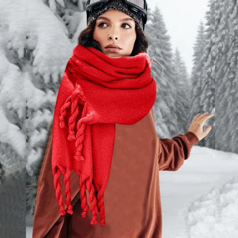 Wefuesd Women Fall Winter Scarf Classic Tassel Plaid Scarf Warm Soft Chunky  Large Blanket Wrap Shawl Scarves, scarf for women, womens fashion, Red 