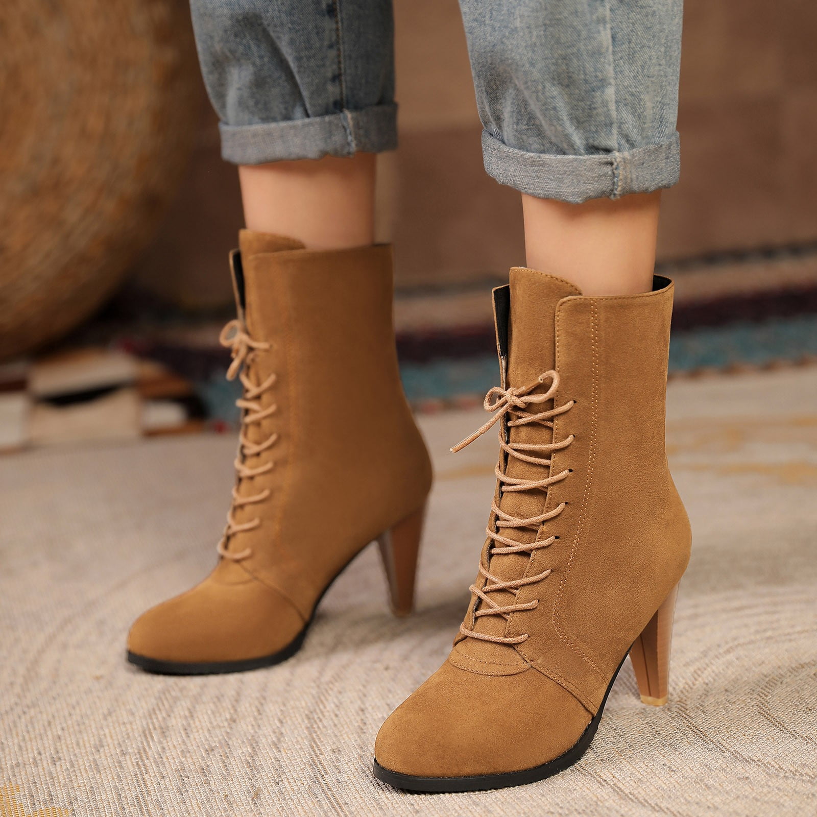 Women's Chunky Low Heeled Booties Pointed Toe Two Tone Side - Temu