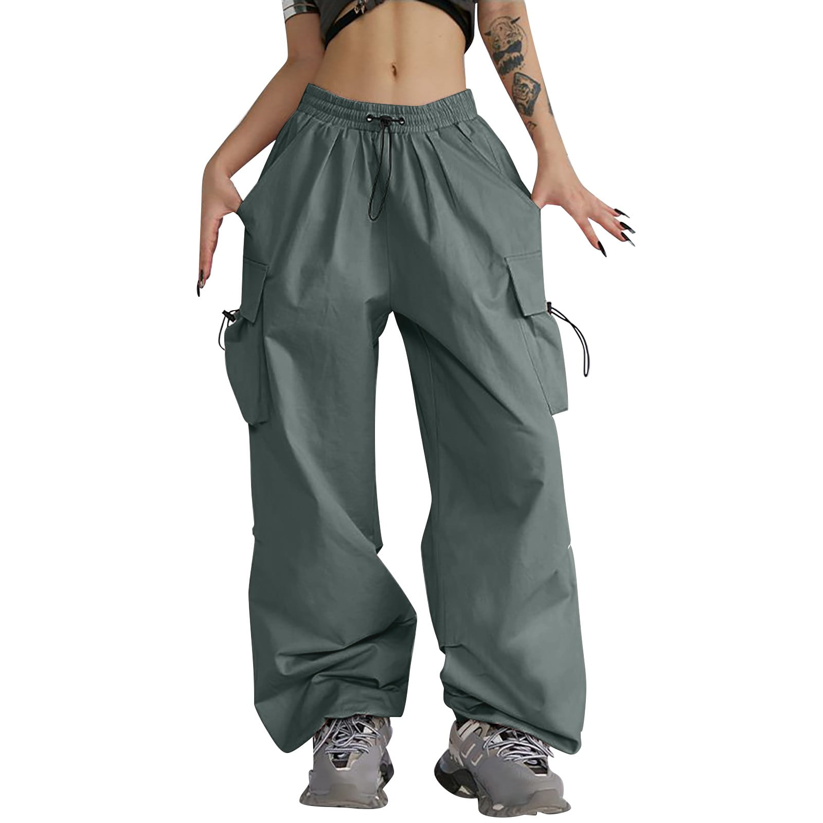 Wefuesd Women'S Parachute Pants With 4 Pockets High Rise Elastic Waistband  Cargo Pants Streetwear, Cargo Pants Women, Casual Dresses For Women, Grey  