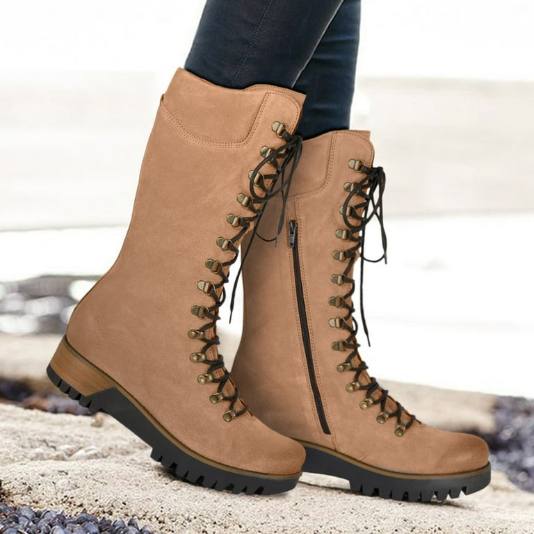 Wefuesd Women s Vintage Lace Up Round Toe Keep Warm Middle Cowboy Boots For Women Shoes Winter Boots For Women Thigh High Boots Khaki 37 Walmart
