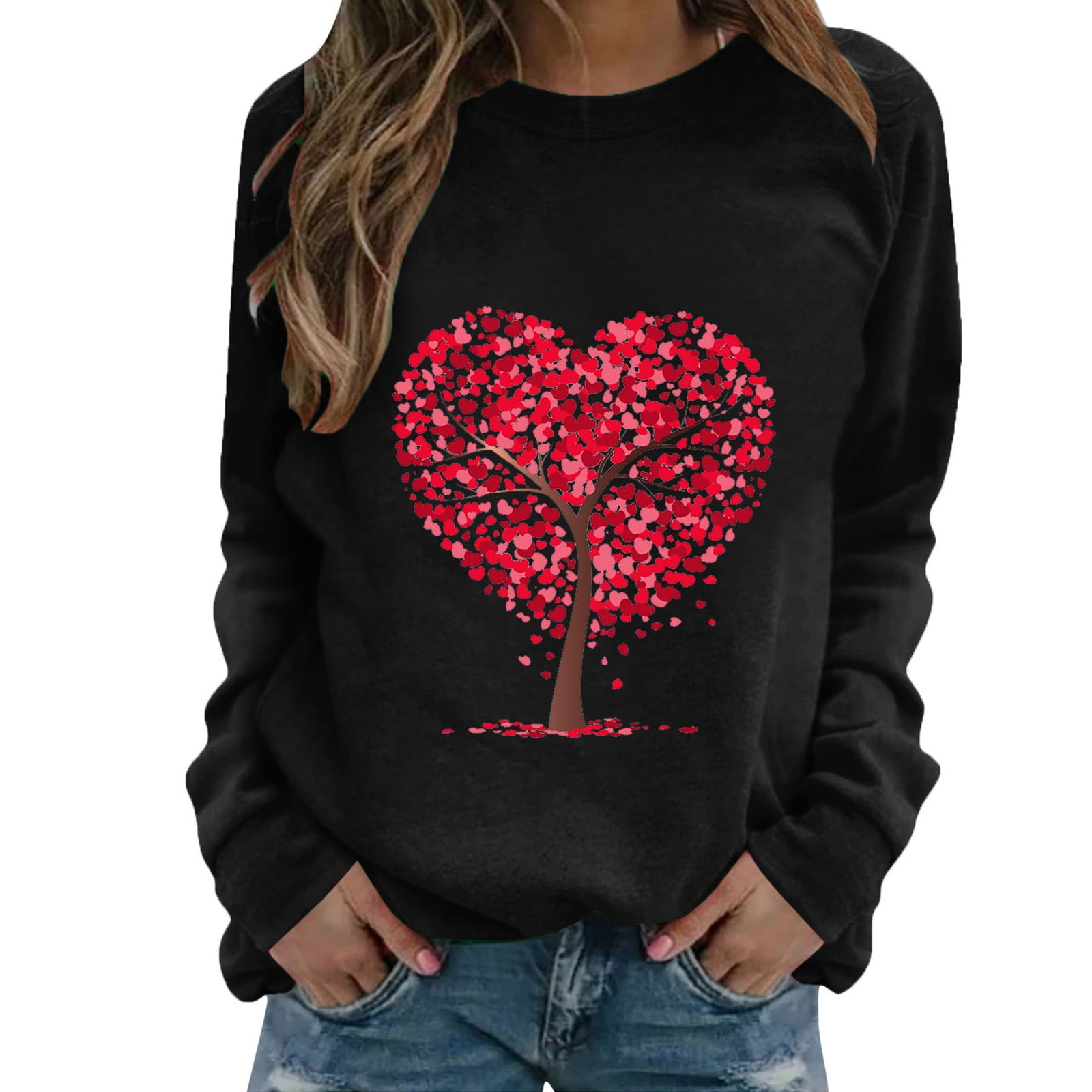 Valentine's Day Heart Art Print Crew Neck Washed Denim Cotton Pocket Top main image 1