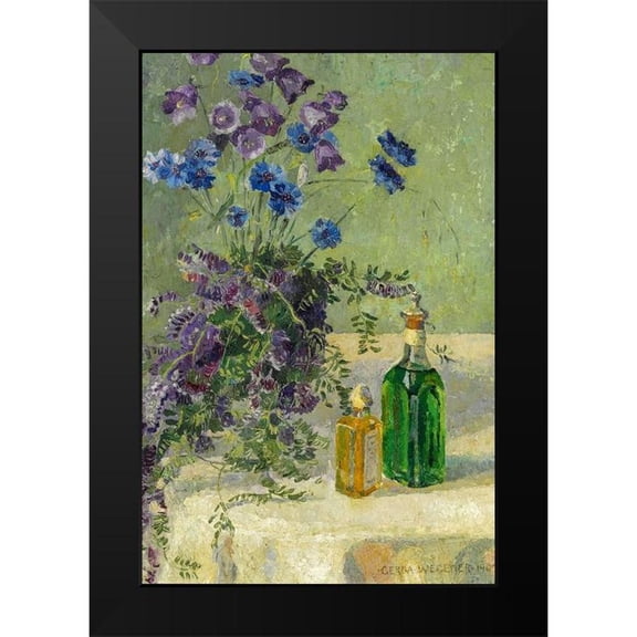 Wegener, Gerda 11x14 Black Modern Framed Museum Art Print Titled - Still life with blue flowers and two bottles on a table