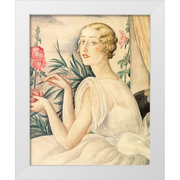 Wegener, Gerda 12x14 White Modern Wood Framed Museum Art Print Titled - A woman in white sitting by a window