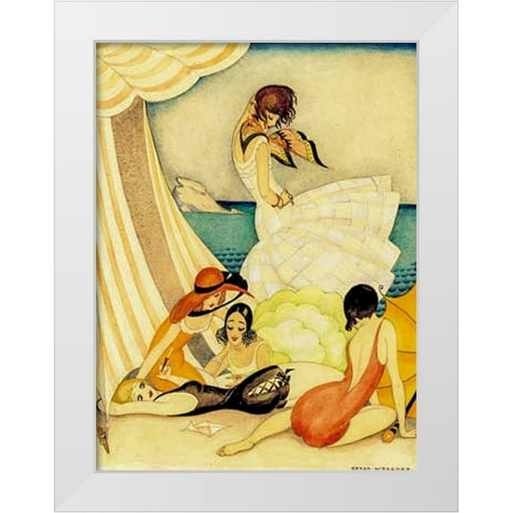 Wegener, Gerda 12x14 White Modern Wood Framed Museum Art Print Titled - Five women at a beach