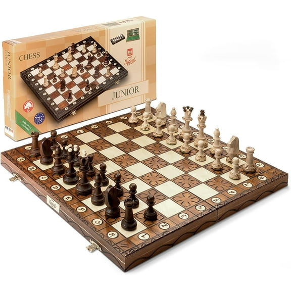 Wegiel Handmade Junior European International Chess Set - 16 Inch Luxury Wooden Chess Set for Adults, Premium Beech and Birch Wood