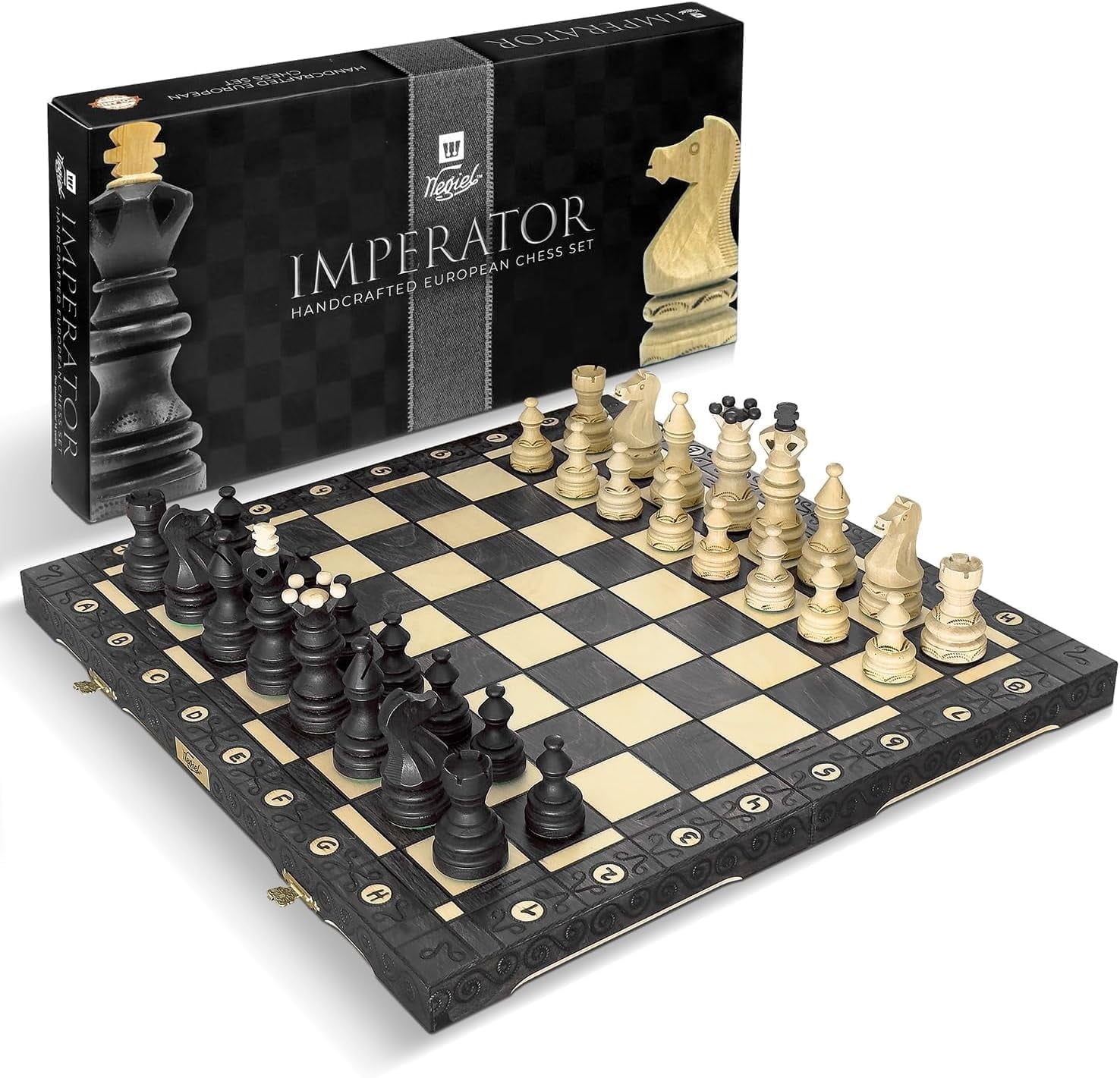 Wegiel Imperator 21-Inch Luxury Wooden Chess Set for Adults - Handcrafted from Premium Beech and Birch Wood, Black