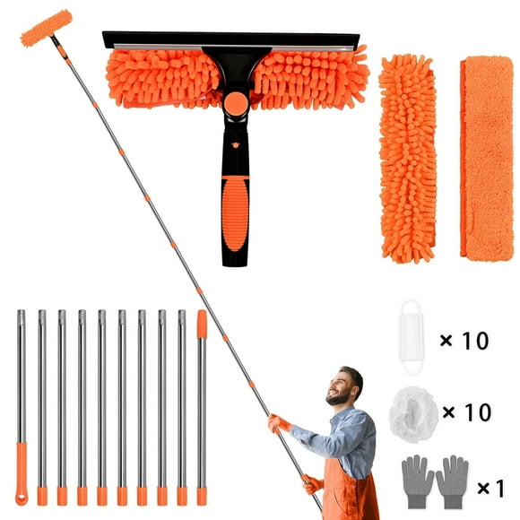 20+ Feet Reach 2 in 1 Window Washing Squeegee & Duster with Extension Pole, Natubeau Window Cleaning Tool with 2 Replace Pad for Home Indoor Outdoor Window Washing, Orange
