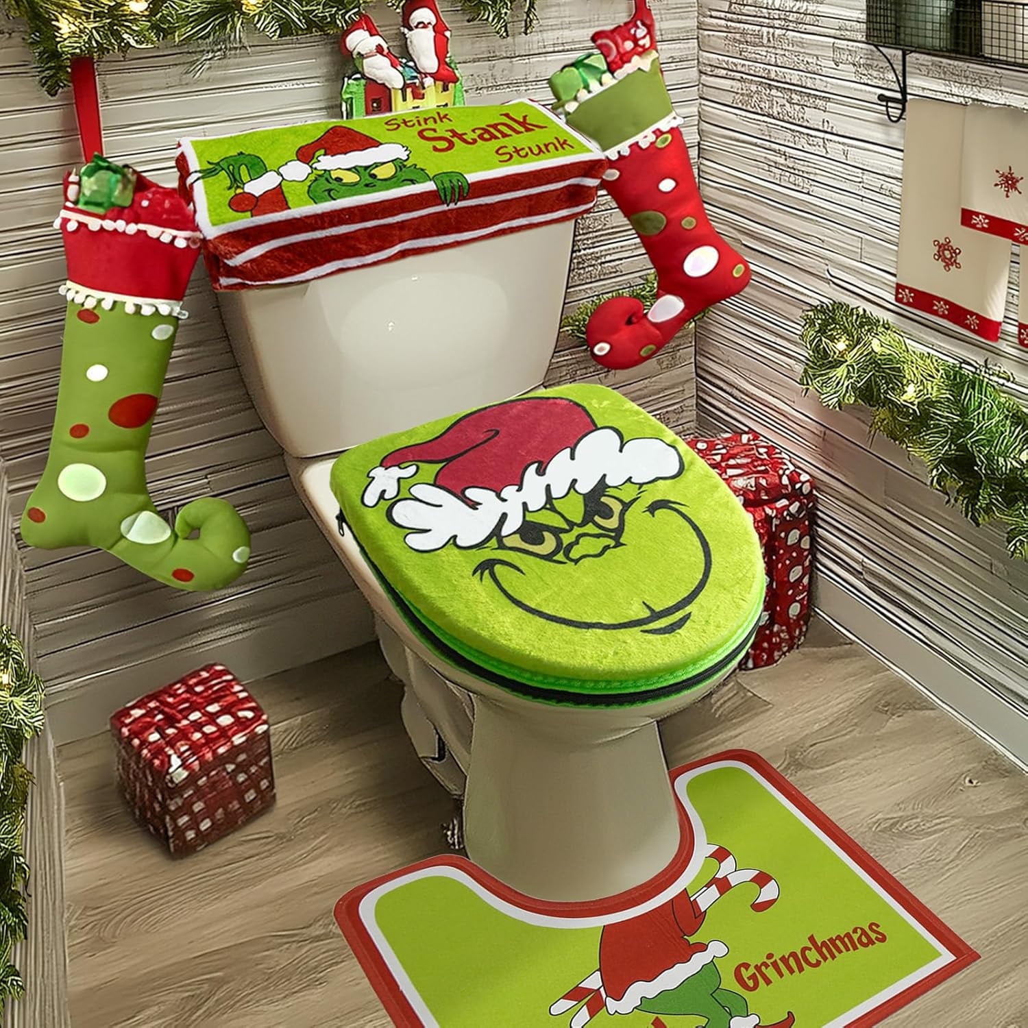 Wegitcs 4Pcs Christmas Grinch Bathroom Decor Sets, Christmas Decor ...