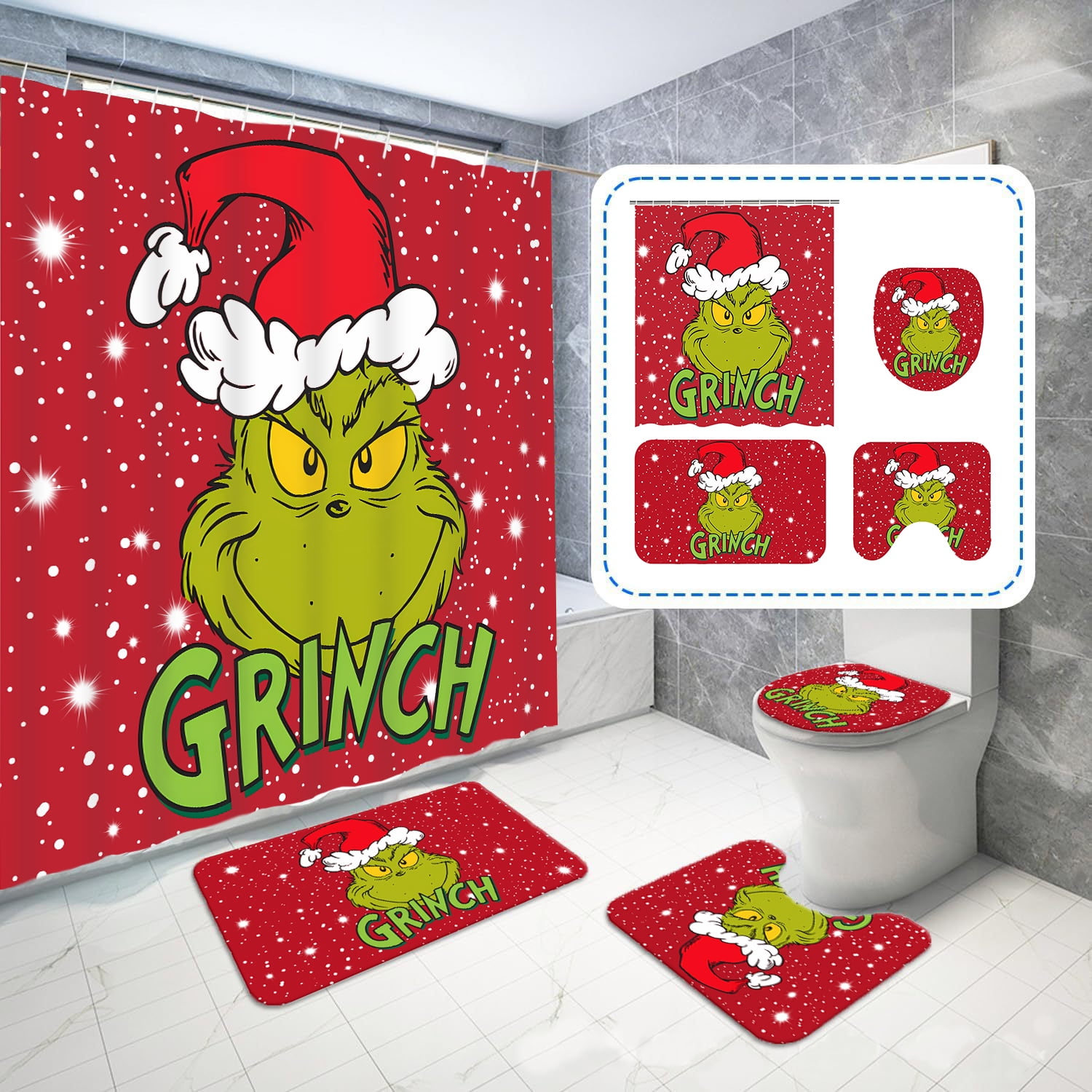 Wegitcs Christmas Shower Curtain Sets with Rugs, 16 Pc Red Grinch