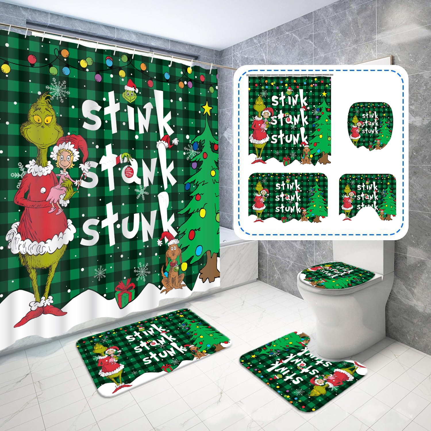 Wegitcs Grinch Christmas Shower Curtain Sets, 16 Pc Green Buffalo Plaid