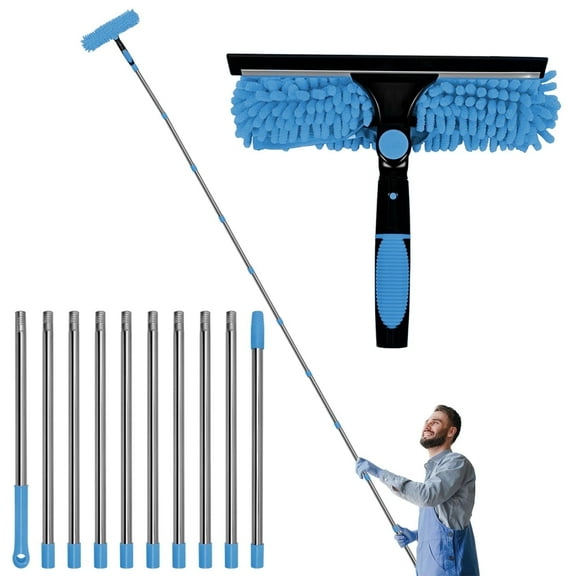 20 Feet Reach 2 in 1 Rotatable Window Washing Squeegee & Duster with 3-14 ft Extension Pole, Natubeau Window Cleaning Tool & Window Washer Squeegee for Home Indoor Outdoor Window Washing, Blue