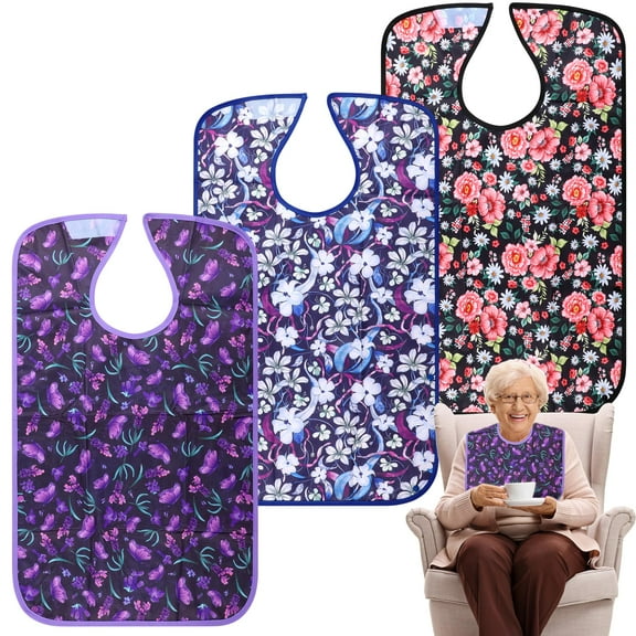 Wegreeco 3 Pack Adult Bibs, Washable Waterproof Clothing Protector with Eating Crumb Catcher, 30*17.7",Flowers