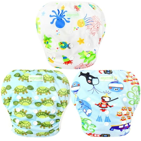 Wegreeco Baby & Toddler Snap One Size Adjustable Reusable Baby Swim Diaper (Diving,Ocean,Turtle,Small,3 Pack)
