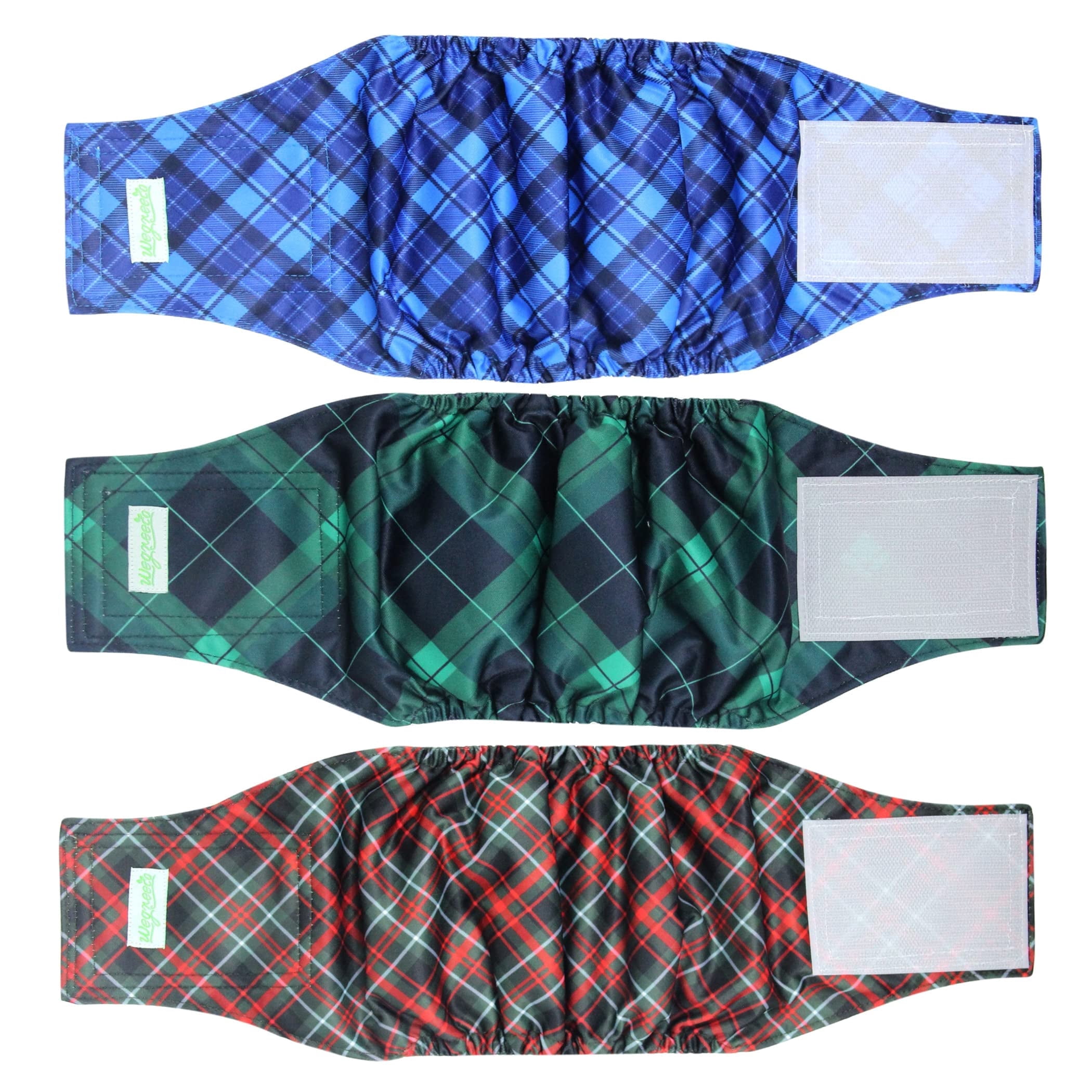 Wegreeco Pack of 3 Reusable Male Dog Belly Band, Washable Premium Male Dog Diapers, Super-Absorbent Dog Wraps, Medium, Blue, Green, Red Plaid
