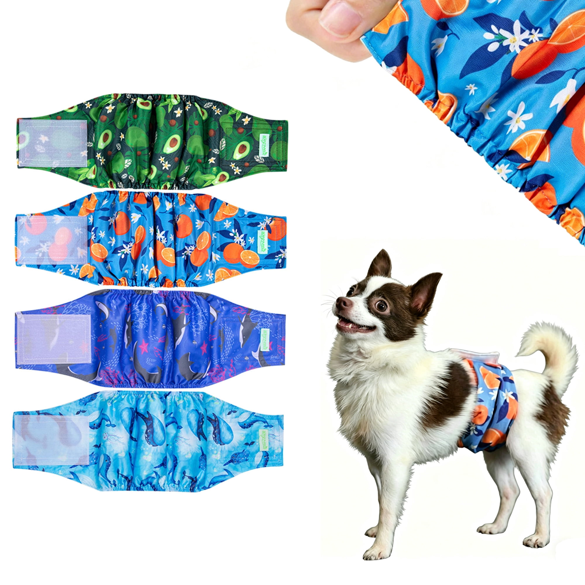 Wegreeco Pack of 4 Reusable Male Dog Belly Band, Washable Premium Male Dog Diapers, Super-Absorbent Dog Wraps(Fruit, Adventure, Small)