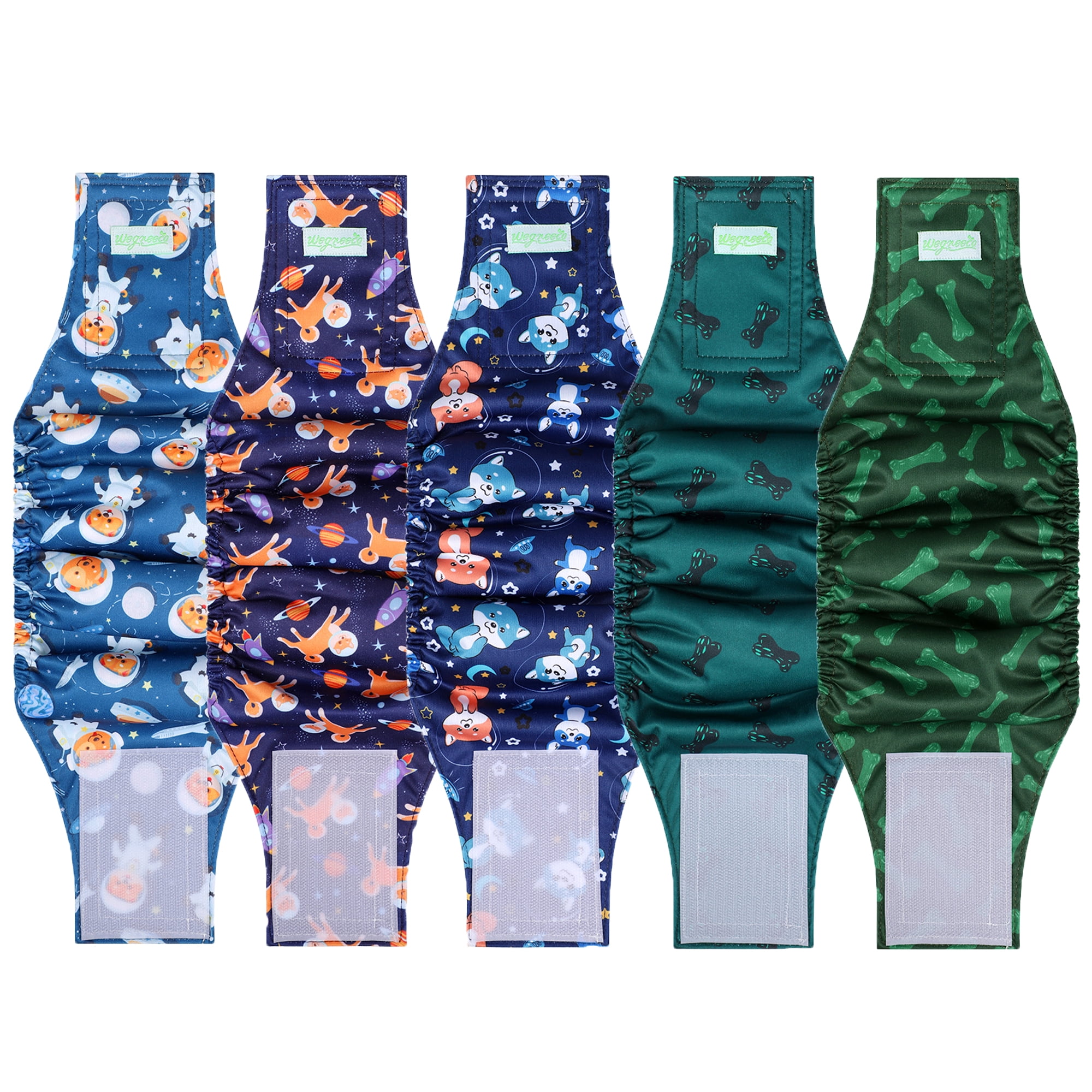 Wegreeco Pack of 5 Reusable Male Dog Belly Band, Washable Premium Male Dog Diapers, Super-Absorbent Dog Wraps,Space,Bones,S