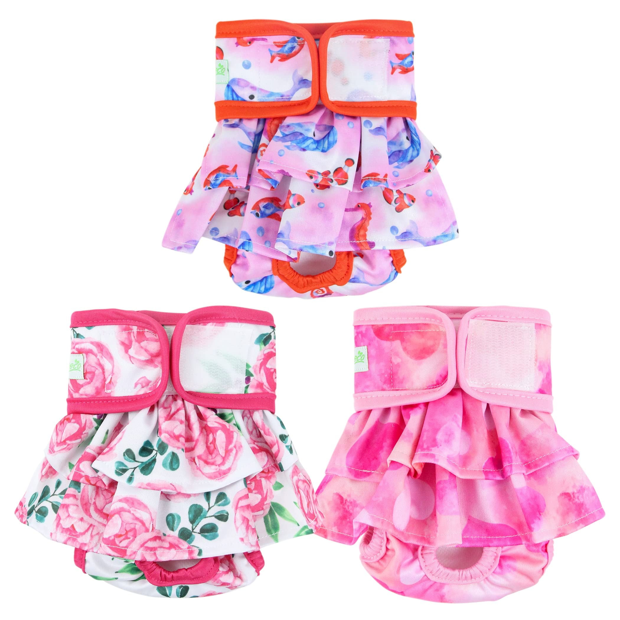 Wegreeco Washable Dog Diapers (3 Pack), Highly Absorbent Dog Diapers for Female Dogs, Reusable Dog Dresses for Dogs (Ocean of Flowers, Large)