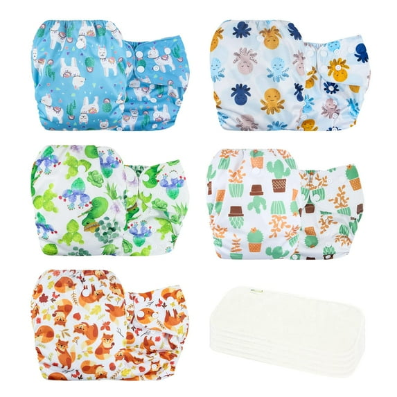Wegreeco Washable Reusable Baby Cloth Pocket Diapers 5 Pack + 5 Bamboo Inserts (Fresh Animal)
