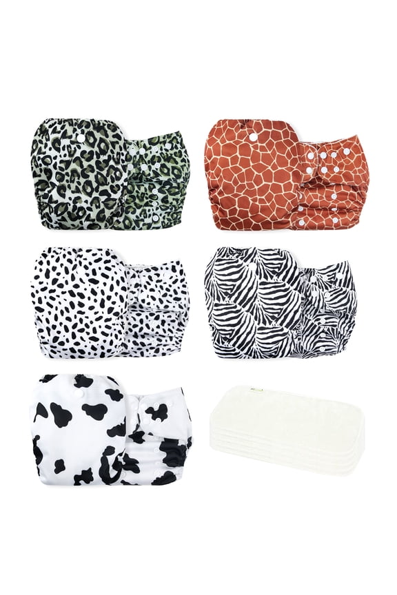 Washable Reusable Baby Cloth Pocket Diapers 5 Pack + 5 Rayon Made from Bamboo Inserts (Animal Party)