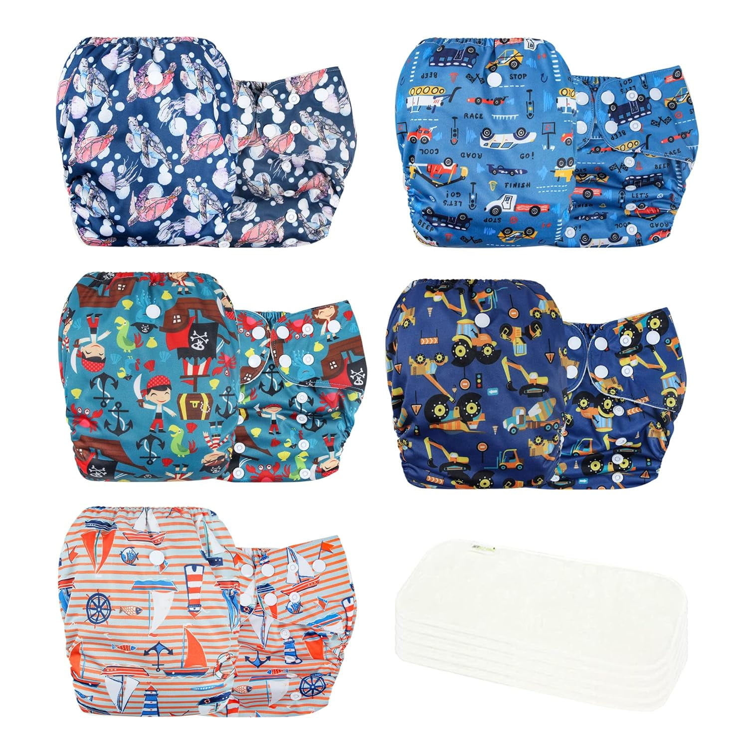 Wegreeco Washable Reusable Baby Cloth Pocket Diapers 5 Pack + 5 Rayon Made from Bamboo Inserts (Boy Car & Sail)