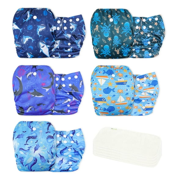 Wegreeco Washable Reusable Baby Cloth Pocket Diapers 5 Pack + 5 Rayon Made from Bamboo Inserts (Ocean Adventure)