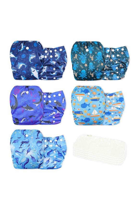 Washable Reusable Baby Cloth Pocket Diapers 5 Pack + 5 Rayon Made from Bamboo Inserts (Ocean Adventure)