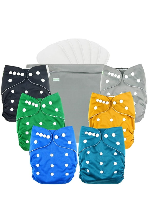 Washable Reusable Baby Cloth Pocket Diapers 6 Pack + 6 Bamboo Inserts (with 1 Wet Bag, Boy Prints 02)