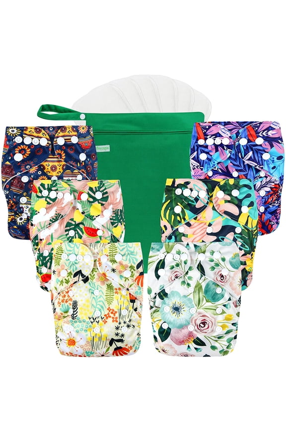 Washable Reusable Baby Cloth Pocket Diapers 6 Pack + 6 Bamboo Inserts (with 1 Wet Bag, Love, Flowers)