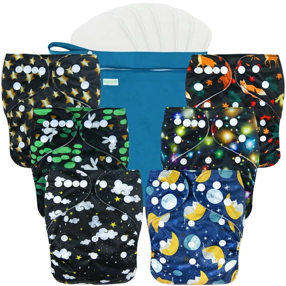 Wegreeco Washable Reusable Baby Cloth Pocket Diapers 6 Pack + 6 Bamboo Inserts (with 1 Wet Bag, Starry Sky)