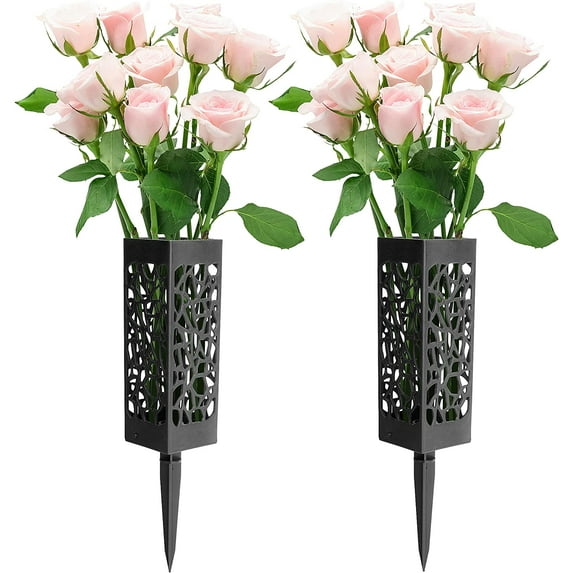 Wehhbtye 2 Pack 12 inch Memorial Cemetery Floral Holder Decoration-Plastic Floral Vase Cones with Long Spike Stake and Drainage Holes for Gravestone Grave Yard Ground Outdoor Flower Marker