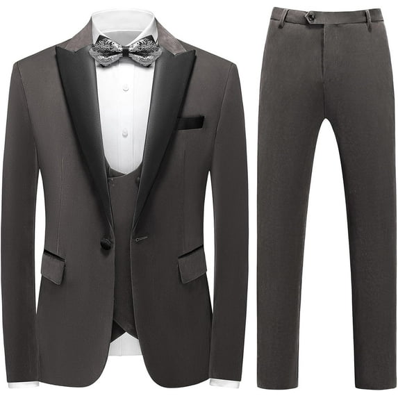 Wehilion 3pcs Mens Velvet Suits Slim Fit Peaked Lapel One Button Slim Fit Tuxedo Blazer Dinner Jacket Vest Pants Suit Set