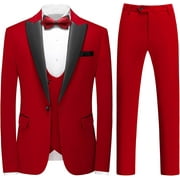 Wehilion 3pcs Mens Velvet Suits Slim Fit Peaked Lapel One Button Slim Fit Tuxedo Blazer Dinner Jacket Vest Pants Suit Set