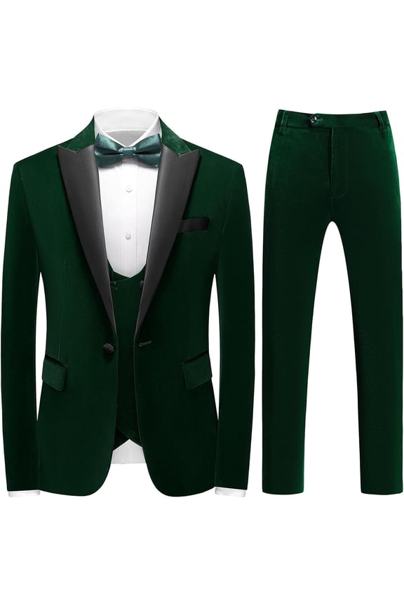 3pcs Mens Velvet Suits Slim Fit Peaked Lapel One Button Slim Fit Tuxedo Blazer Dinner Jacket Vest Pants Suit Set