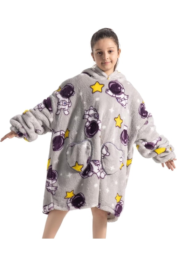 6-12YR Oversized Sweatshirt Hooded Blanket Sherpa Hoodie for Girls Boy Wearable Blanket Hoodie for Kids