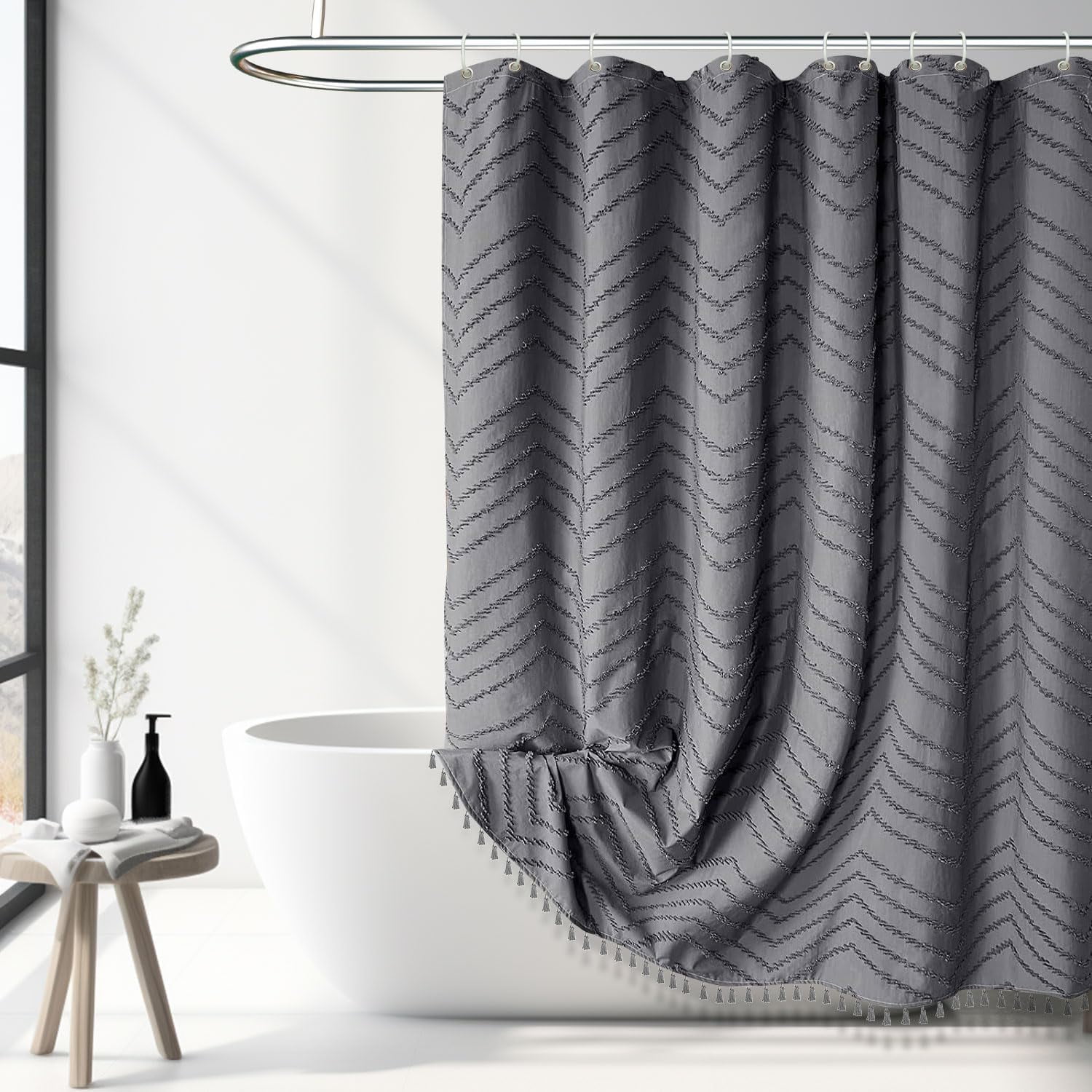 Gray Tufted Chevron Striped Waterproof Fabric Shower Curtain