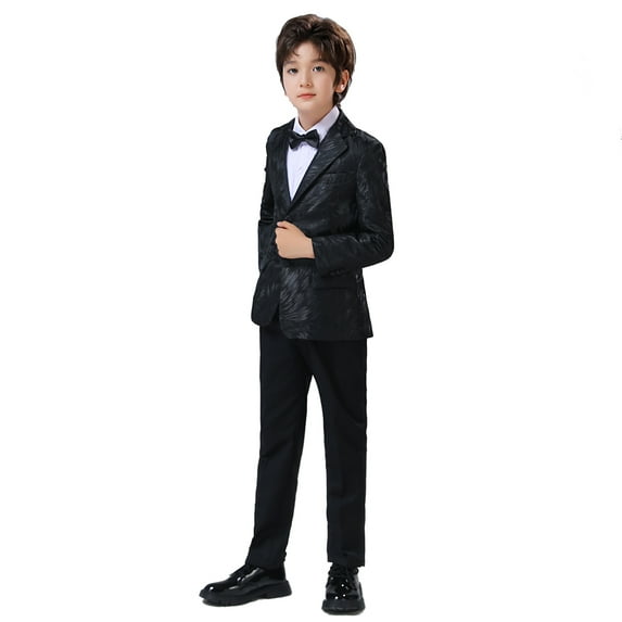 Wehilion Boy's suits Fashion Gentleman 4pcs Suit Set , Feather Pattern Coat, Formal Wear For Speech Performance Birthday Party, Kid's Clothes For Spring Fall Winter