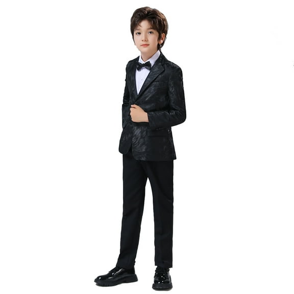 Wehilion Boy's suits Fashion Gentleman 4pcs Suit Set , Feather Pattern Coat, Formal Wear For Speech Performance Birthday Party, Kid's Clothes For Spring Fall Winter