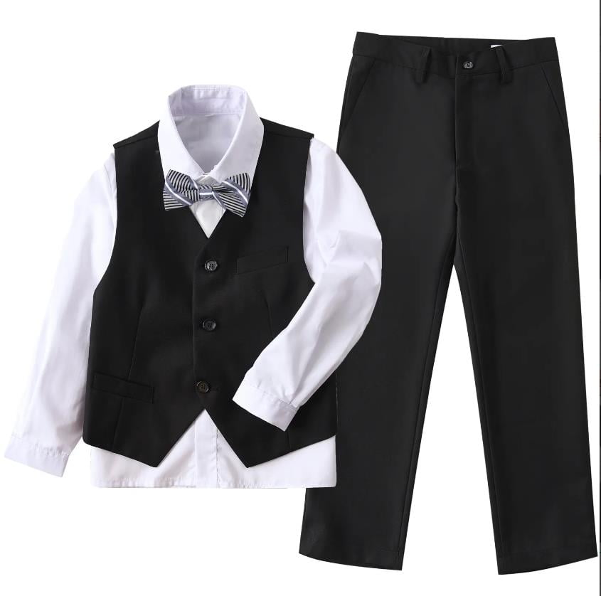 Wehilion Boys' 4Piece Formal Suit Set, Vest, Pants, Collared Dress