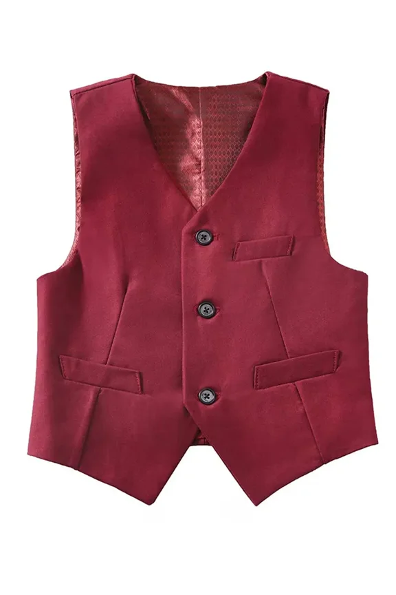 Boys Preppy Style Suit Vest, Boys Clothing For Wedding Banquet Dress,Wine red 3T