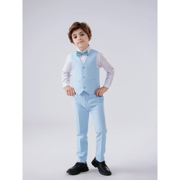 Wehilion Boys Suit 4PC Baby Suits Wedding Party Vest Suit Set Little Gentleman Waistcoat Prom Tuxedo Dress suit Outerwear Party Vest Shirt Tie Pants Outfits Clothes Set for Kids Light blue 6