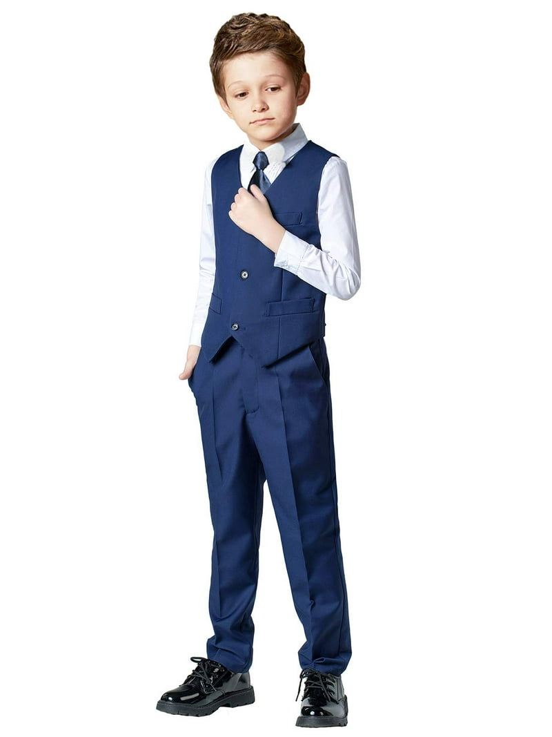 Wehilion 4PC Boys' Formal Suit Set Vest, Shirt, Tie, Pants, Navy