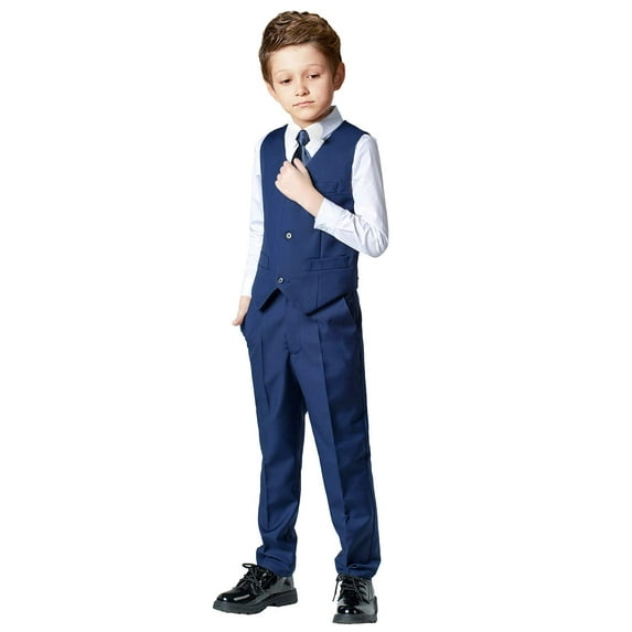 Wehilion Boys Suit 4PC Baby Suits Wedding Party Vest Suit Set Little Gentleman Waistcoat Prom Tuxedo Dress suit Outerwear Party Vest+Shirt+Tie+Pants Outfits Clothes Set for Kids Navy Blue 5