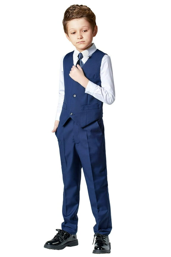 Boys Suit 4PC Baby Suits Wedding Party Vest Suit Set Little Gentleman Waistcoat Prom Tuxedo Dress suit Outerwear Party Vest+Shirt+Tie+Pants Outfits Clothes Set for Kids Navy Blue 10