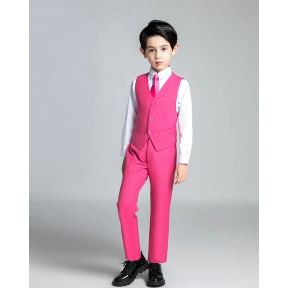Wehilion Boys Suit 4PC Baby Suits Wedding Party Vest Suit Set Little Gentleman Waistcoat Prom Tuxedo Dress suit Outerwear Party Vest Shirt Tie Pants Outfits Clothes Set for Kids Pink 8