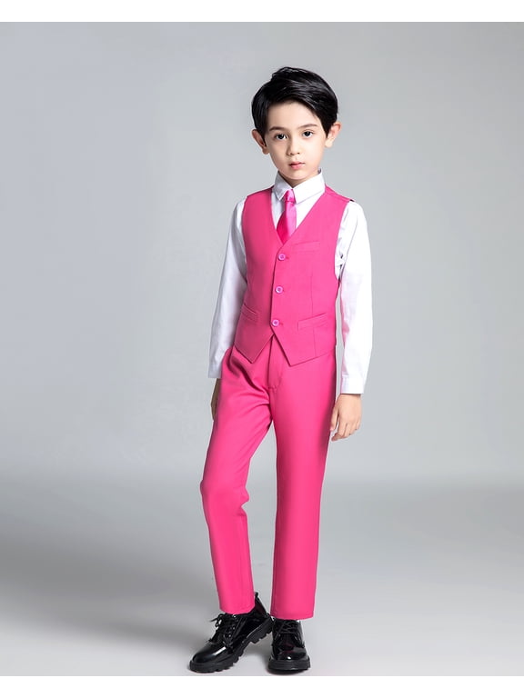 Boys Suit 4PC Baby Suits Wedding Party Vest Suit Set Little Gentleman Waistcoat Prom Tuxedo Dress suit Outerwear Party Vest+Shirt+Tie+Pants Outfits Clothes Set for Kids Pink 12
