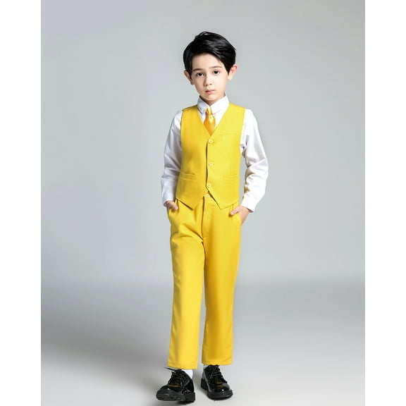 Wehilion Boys Suit 4PC Baby Suits Wedding Party Vest Suit Set Little Gentleman Waistcoat Prom Tuxedo Dress suit Outerwear Party Vest Shirt Tie Pants Outfits Clothes Set for Kids Yellow 10