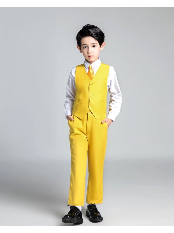 Boys Suit 4PC Baby Suits Wedding Party Vest Suit Set Little Gentleman Waistcoat Prom Tuxedo Dress suit Outerwear Party Vest+Shirt+Tie+Pants Outfits Clothes Set for Kids Yellow 6